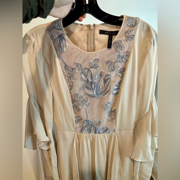 BCBGMAXAZRIA Nel Silk Embroidered Blush Romantic Asymmetrical Hem Midi Dress, XS - Picture 8 of 10